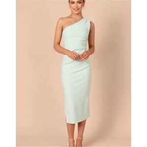 Petal and Pup One Shoulder Midi Dress Size 16 Sage Green Draped Stretch Crepe